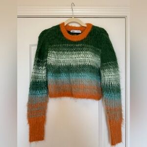 Zara Fuzzy Green and Orange Striped Sweater